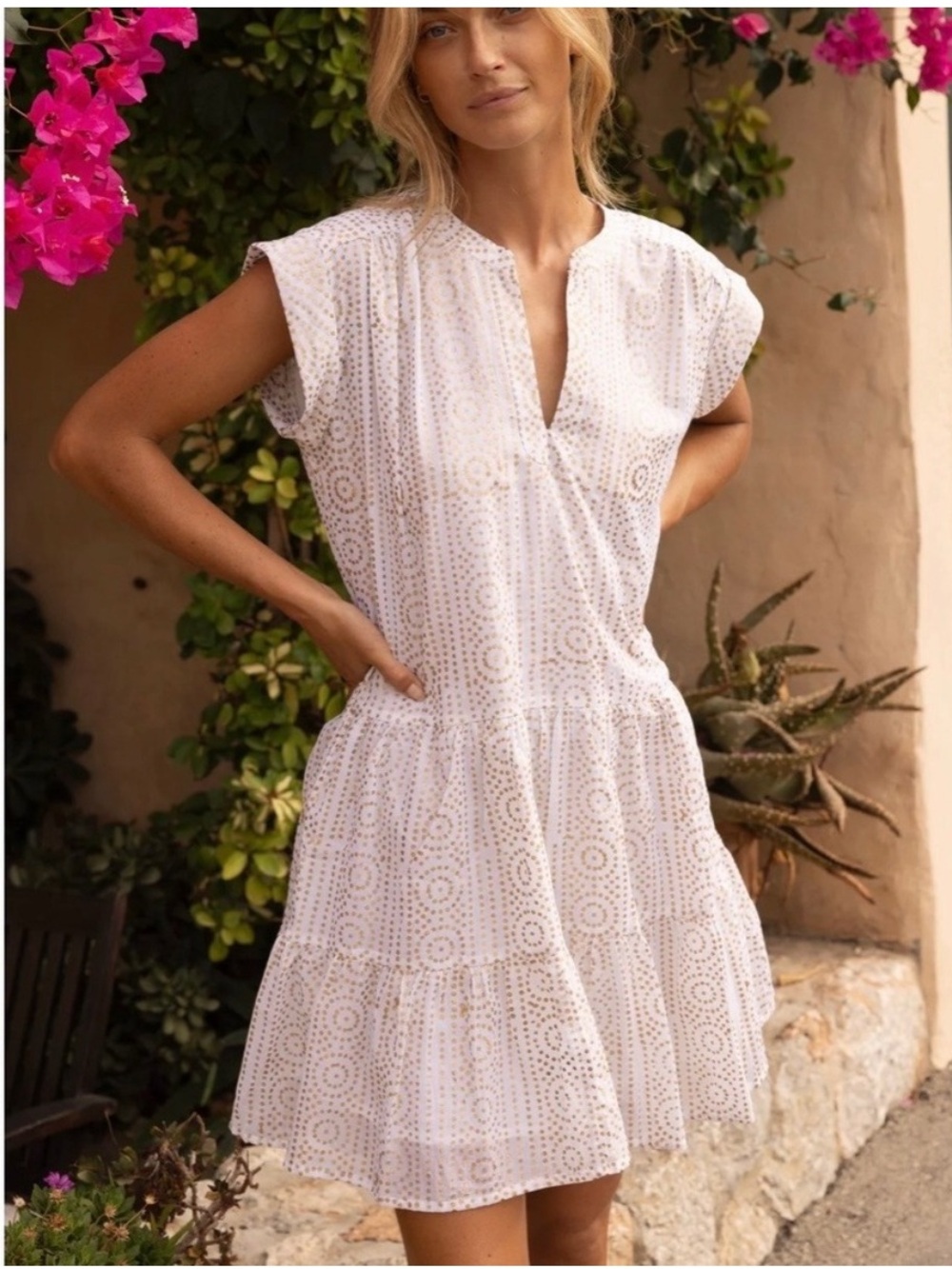 OLIPHANT Helene Roll Sleeve Dress Metallic Gold Dot Cream S